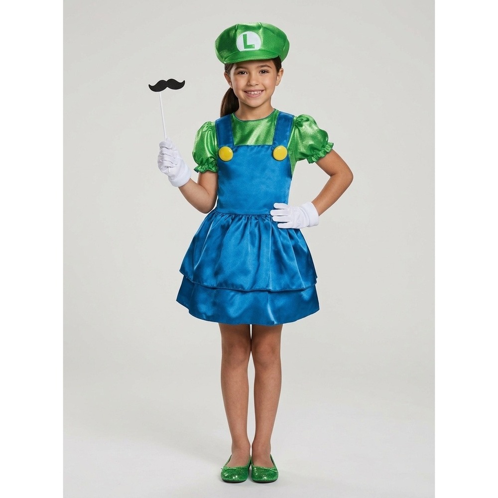 Luigi Super Mario Girls Costume Nintendo Dress Hat Gloves Mustache Kids Sz M 7-8